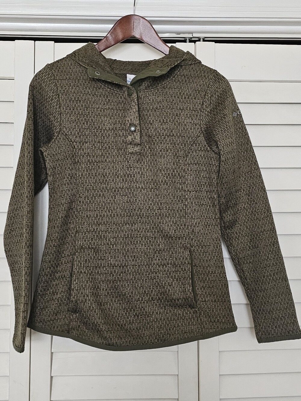 Columbia Pullover Hooded Top Size XS Olive Brown Hooded Quarter Snap Textured
